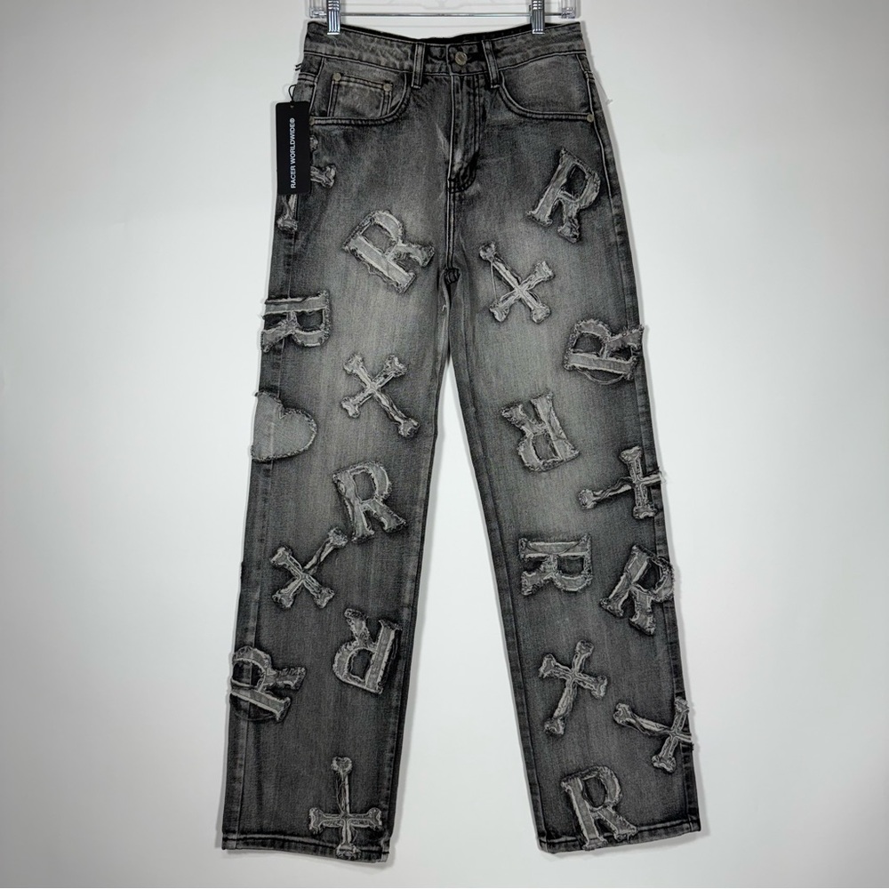 NWT Racer Worldwide Women’s Distressed Letter Patched Baggy Jeans in Size 28